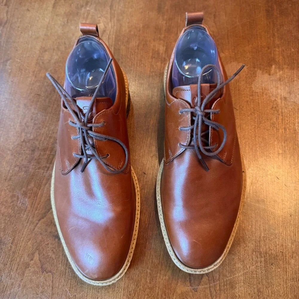 ECCO Derby Mens 8-8.5 Cognac ST.1 Hybrid Lite Plain Toe Leather Brown 836404